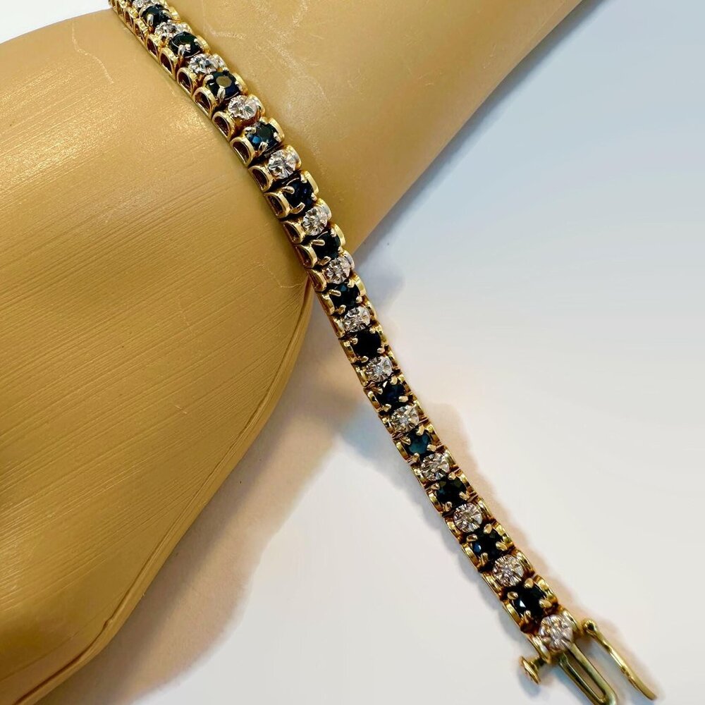 Sapphire Bracelet, 14K Gold, Yellow Gold, Diamonds, Blue, Tennis Bracelet